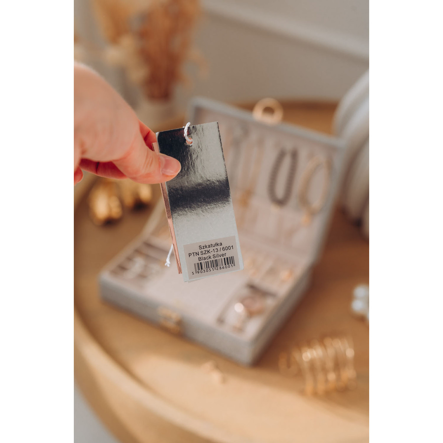 Srebrna szkatułka na biżuterię z dedykowanym miejscem na zegarek, zamykana kluczykiem i zatrzaskiem - Peterson