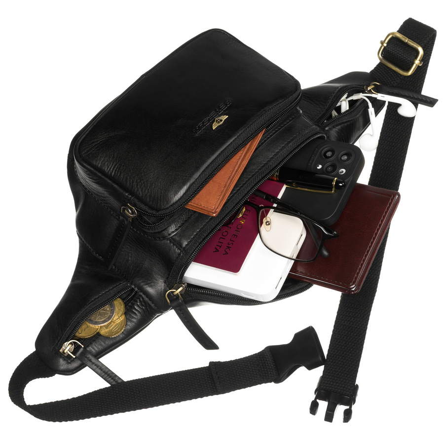 Klasyczna, czarna, skórzana nerka męska na biodra - Peterson