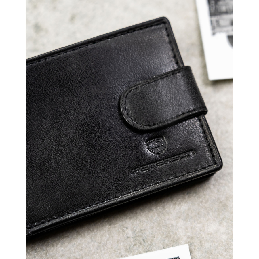 Skórzany, czarny portfel męski zamykany na zatrzask, wyposażony w system RFID - Peterson