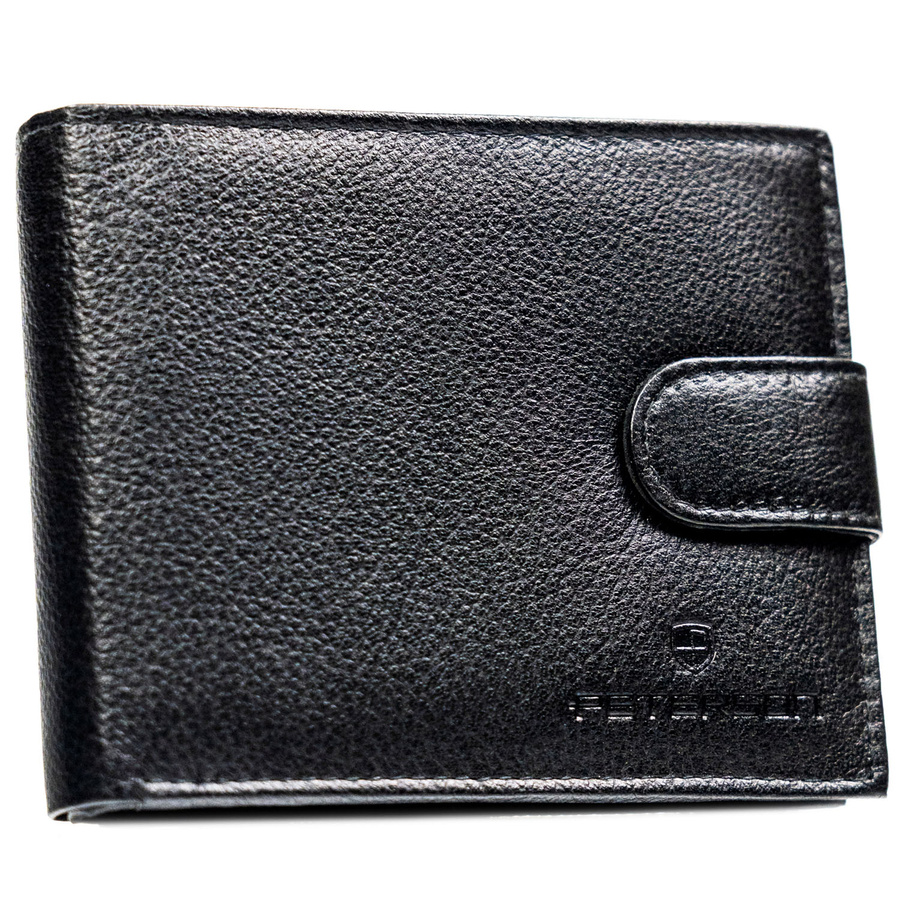 Klasyczny, czarny portfel męski ze skóry naturalnej zamykany zatrzaskiem - Peterson