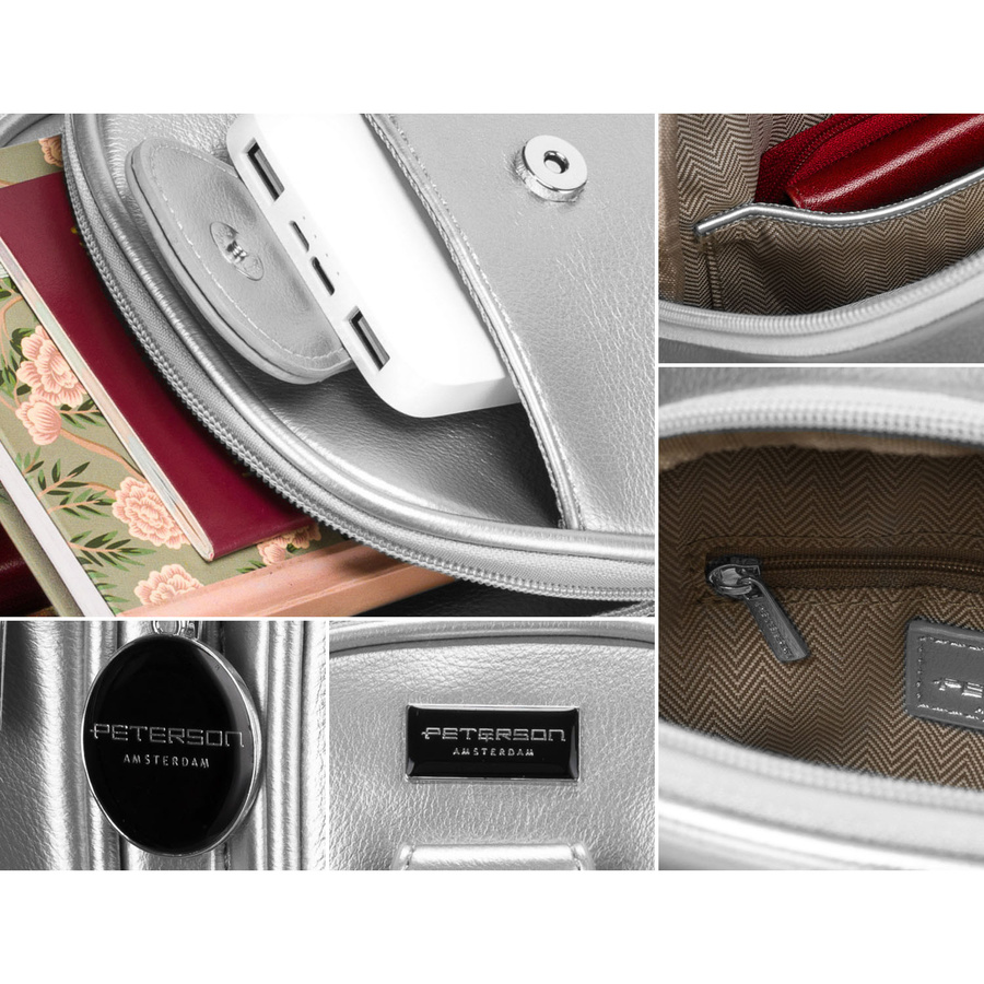 Modna srebrna saszetka damska z eko skóry nerka na ramię crossbody Peterson