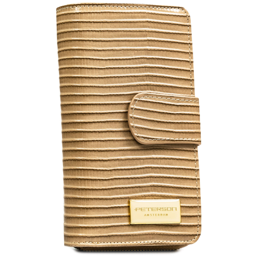 Beżowy portfel w orientacji pionowej wykonany ze skóry naturalnej i ekologicznej ze wzorem w plecionkę - Peterson