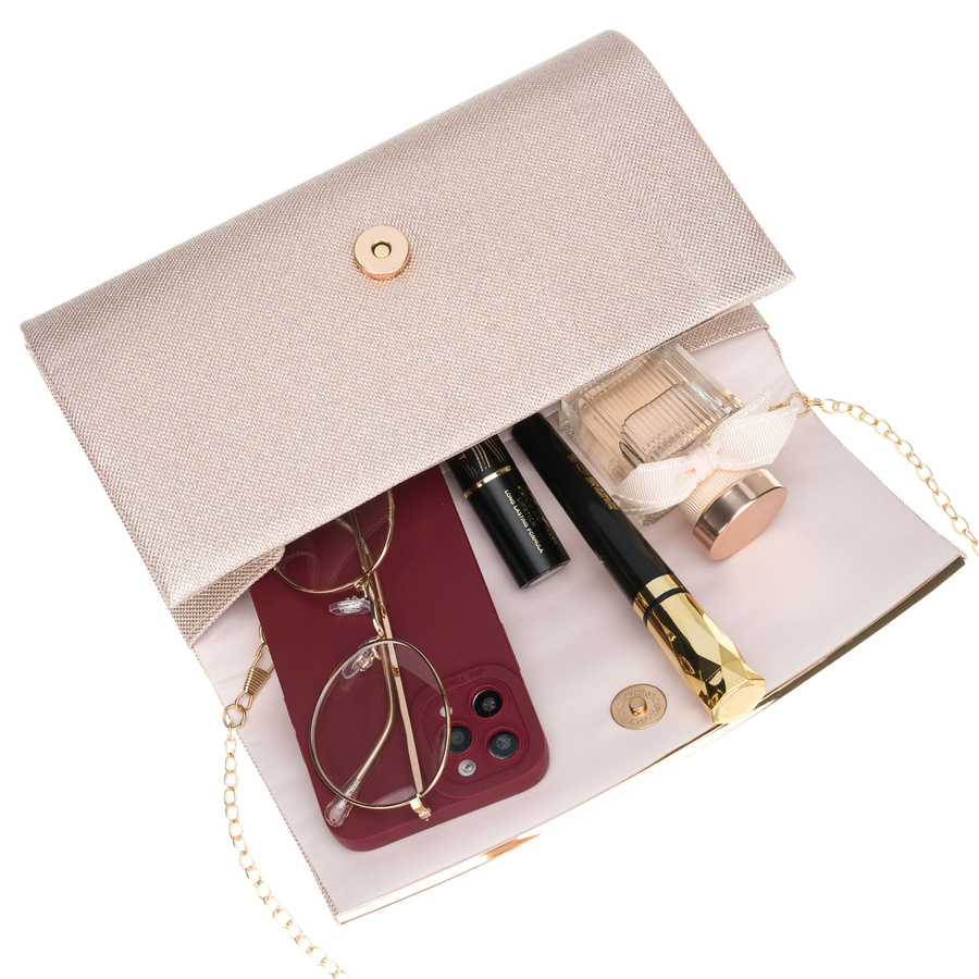 Wizytowa torebka damska wykonana z tkaniny syntetycznej w beżowym kolorze - Rovicky