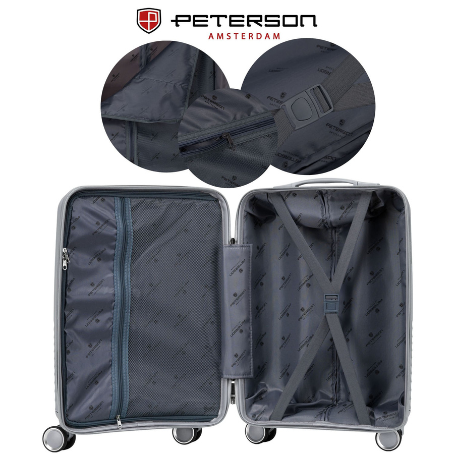 Szara walizka podróżna w średnim rozmiarze z teleskopowym uchwytem i kółkami obrotowymi - Peterson