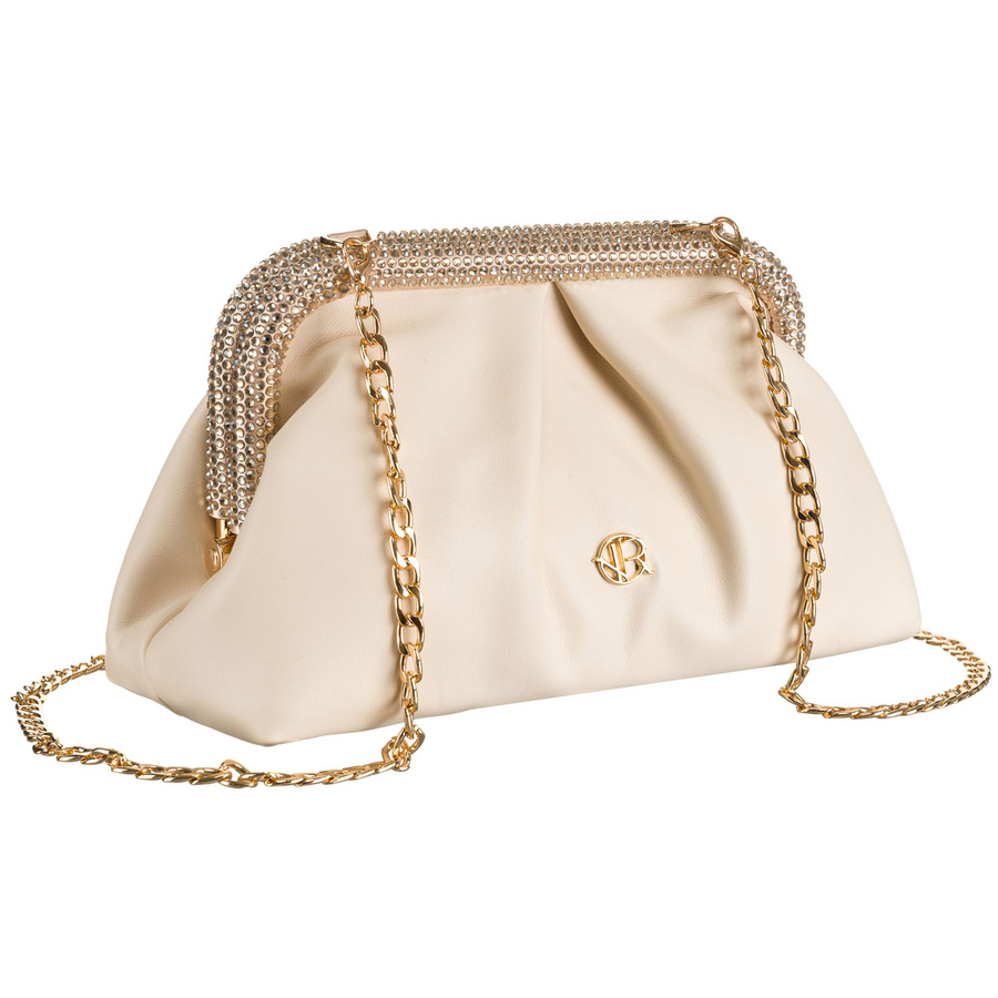 Beżowa kopertówka damska ze skóry ekologicznej zawieszona na łańcuszku - Rovicky