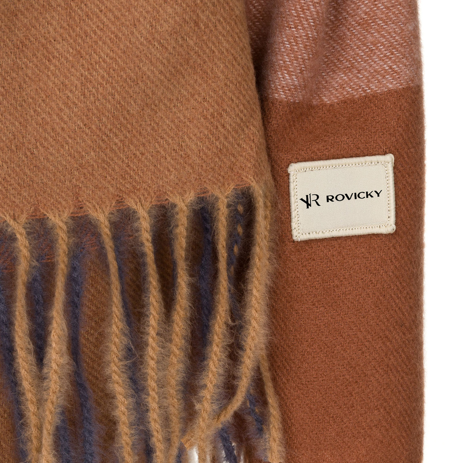 Dwustronny, brązowy szal damski z poliestru ozdobiony frędzlami - Rovicky