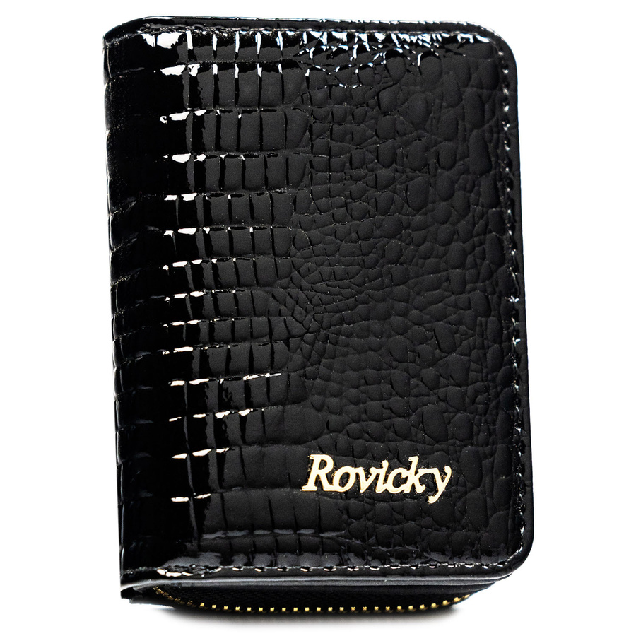 Skórzany portfel damski w czarnym kolorze zamykany suwakiem i zatrzaskiem - Rovicky