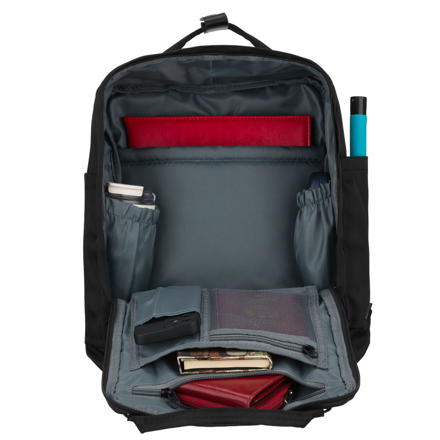 Czarny, duży plecak damski wykonany z poliestru i skóry ekologicznej, zamykany suwakiem - Peterson