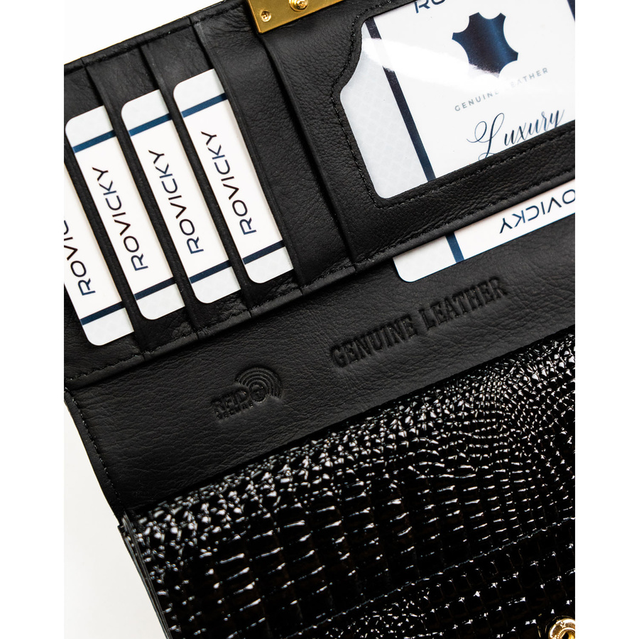 Lakierowany, czarny portfel damski ze skóry naturalnej z systemem RFID - Rovicky