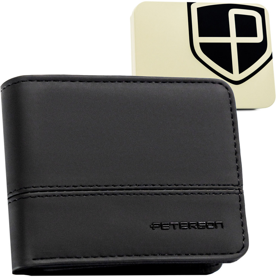 Czarny portfel męski w orientacji poziomej wykonany ze skóry ekologicznej - Peterson