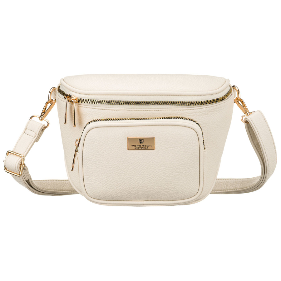 Jasnobeżowa saszetka damska ze skóry ekologicznej zamykana suwakiem - Peterson