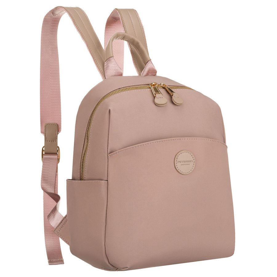 Mały plecaczek damski z nylonu i skóry ekologicznej w różowym kolorze - Peterson
