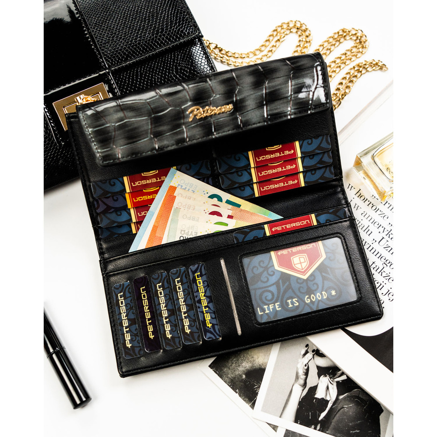 Szary portfel damski ze skóry ekologicznej zamykany na zatrzask - Peterson