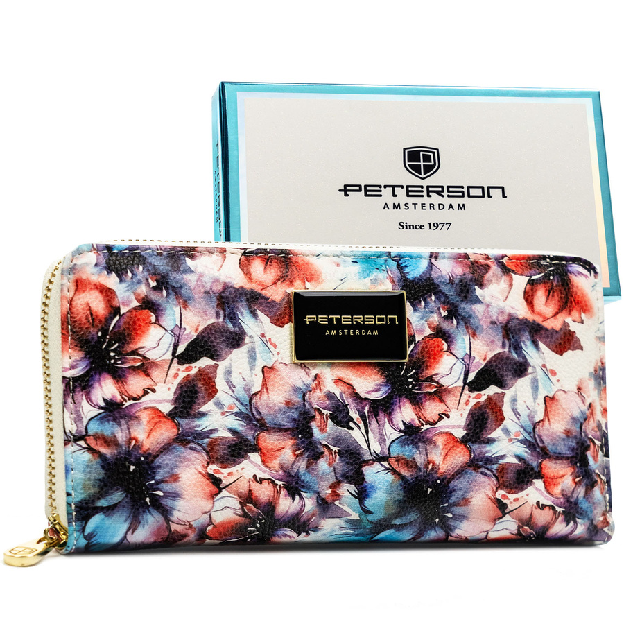 Portfel-piórnik damski w kwiaty wykonany ze skóry naturalnej i ekologicznej zamykany suwakiem - Peterson