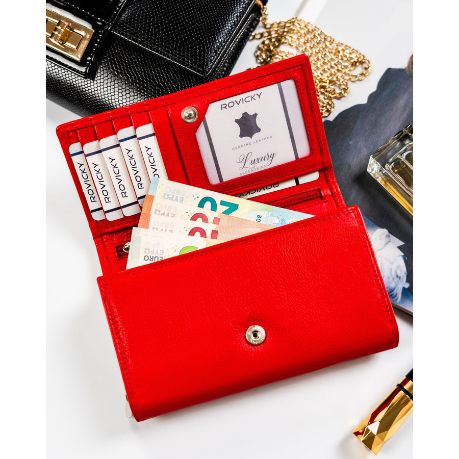 Duży skórzany portfel damski w czerwonym kolorze z wewnętrzną kieszonką na suwak - Rovicky
