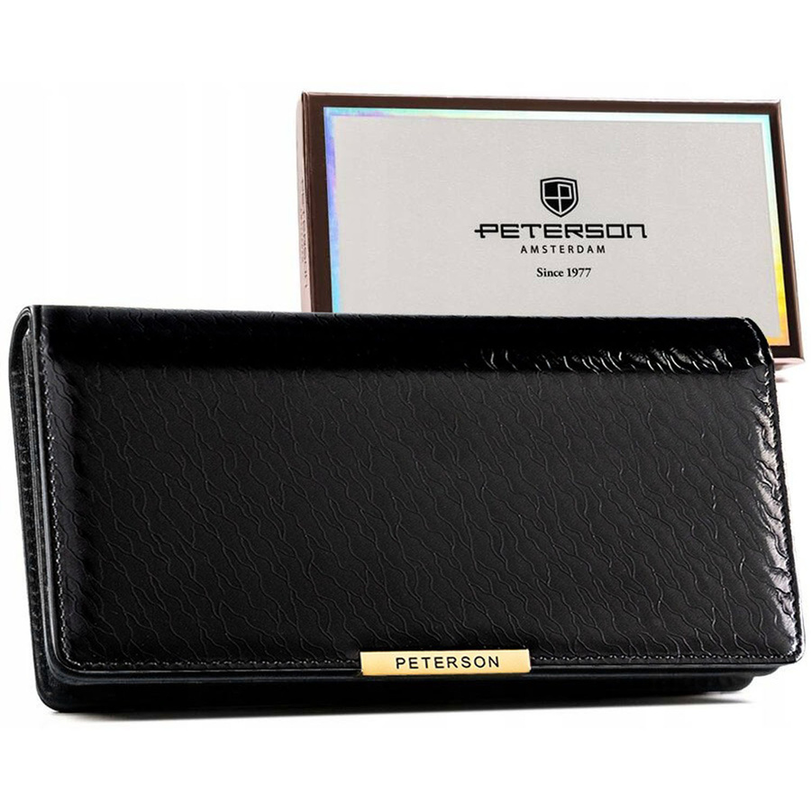 Lakierowany portfel damski ze skóry ekologicznej w czarnym kolorze zamykany na zatrzask i suwak - Peterson