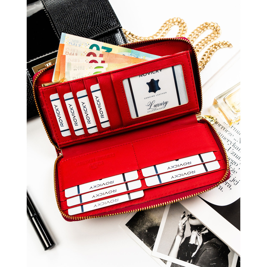 Lakierowany portfel w typie piórnika ze skóry naturalnej w czerwonym kolorze zamykany na suwak - Rovicky