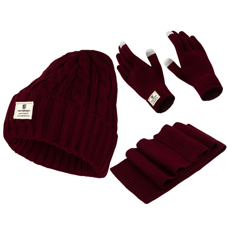 Zestaw: czapka, rękawiczki i szalik w bordowym kolorze - Peterson