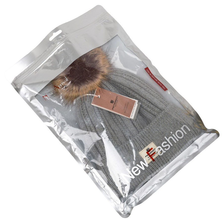 Ciepła czapka damska z futrzanym pomponem szara - Peterson