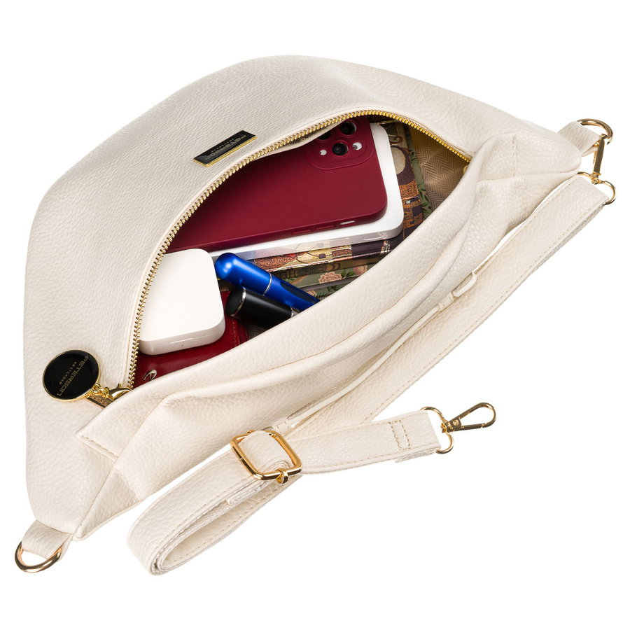 Miejska saszetka damska beżowa z eko skóry nerka na biodra  lub na ramię crossbody Peterson