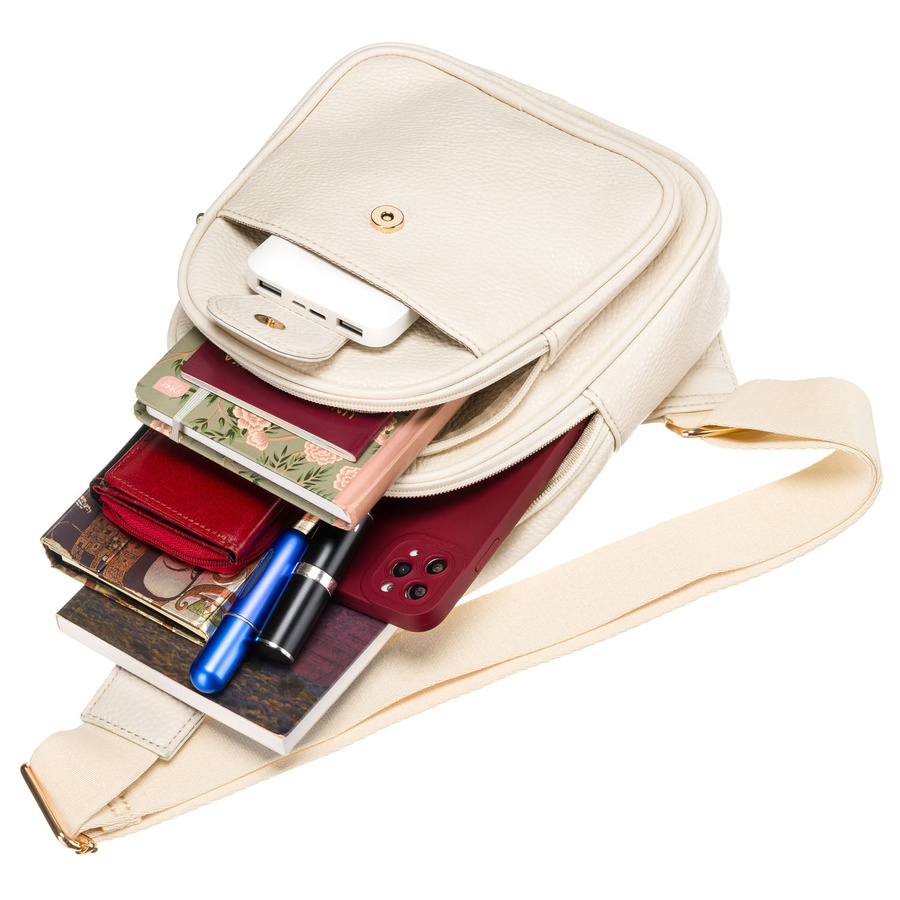Beżowa saszetka damska z szerokim materiałowym paskiem crossbody plecak na jedno ramię eko skóra Peterson