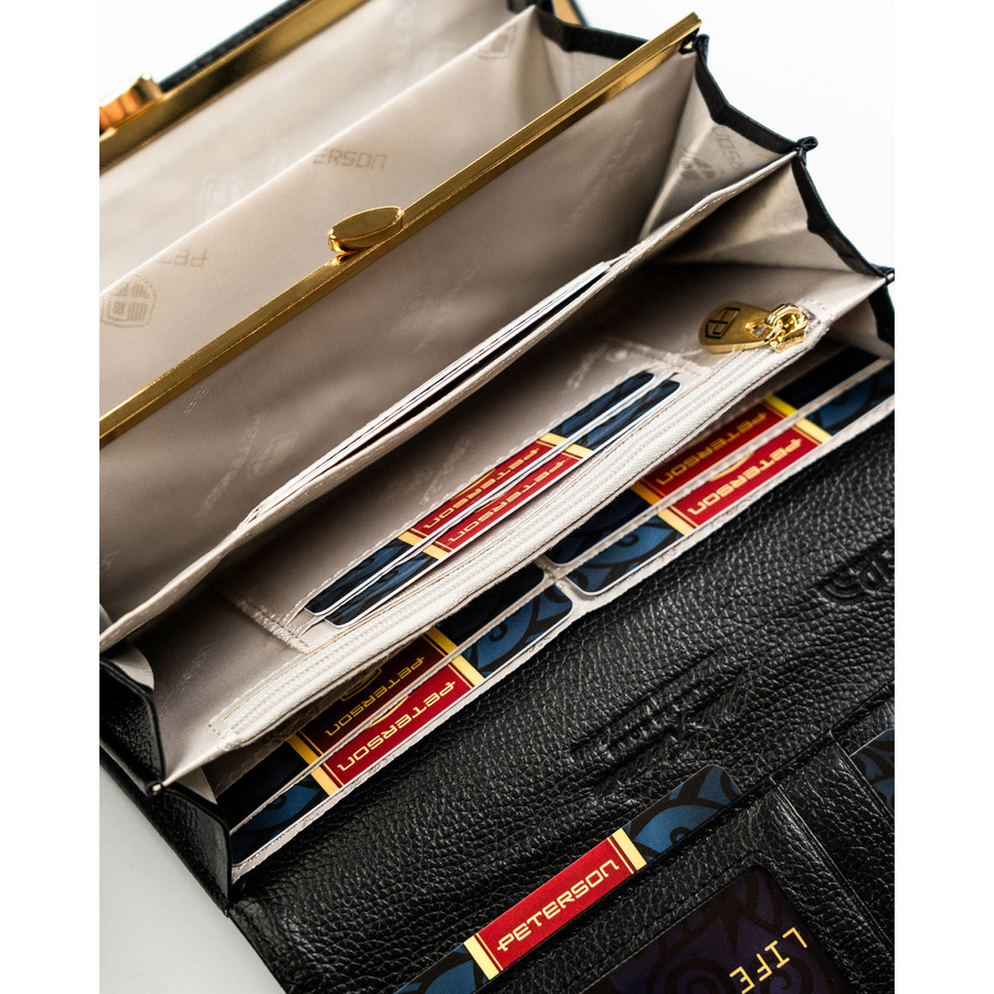 Duży portfel damski ze skóry naturalnej i ekologicznej w czarnym kolorze, zamykany zatrzaskiem - Peterson