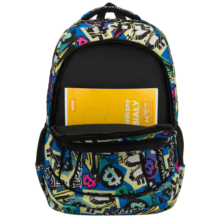 Plecak młodzieżowy do szkoły odszyty z poliestru ze wzorem imitującym graffiti, zawieszony na regulowanych szelkach - Peterson