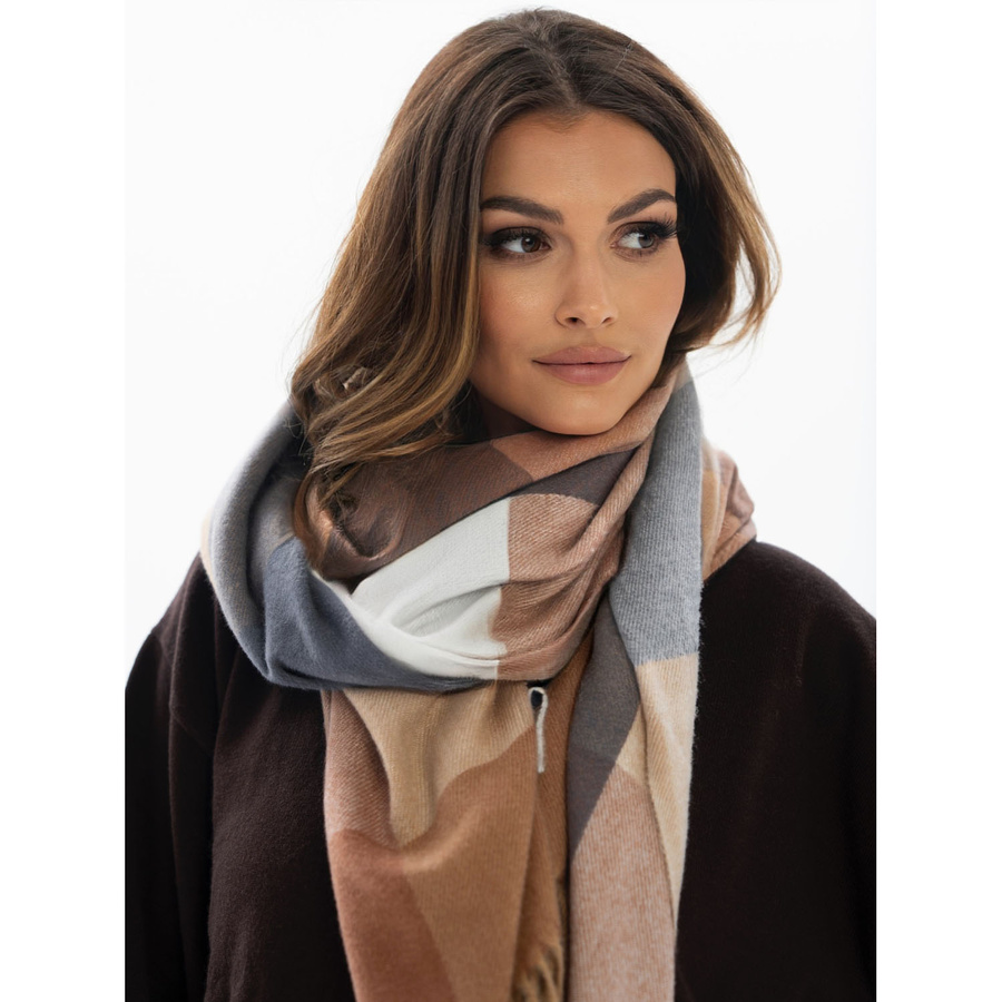 Dwustronny, brązowy szal damski z poliestru ozdobiony frędzlami - Rovicky