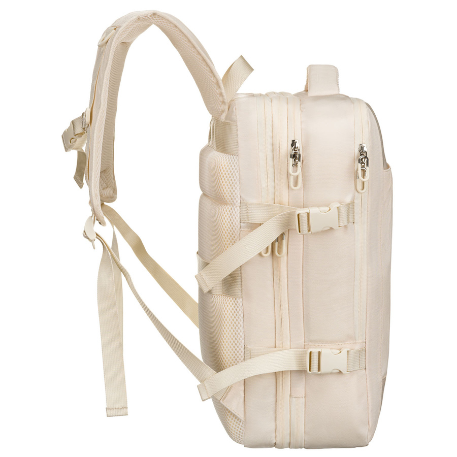 Praktyczny plecak podróżny w kolorze ecru, wyposażony w siatkowaną przegrodę i paski kompresyjne - Peterson