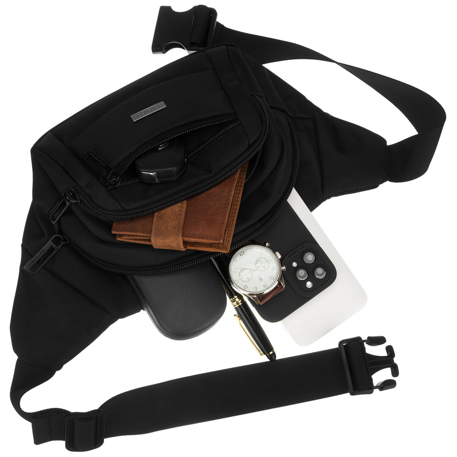 Czarna saszetka męska, jednokomorowa z czterema dodatkowymi kieszeniami, wykonana z cordury - Peterson