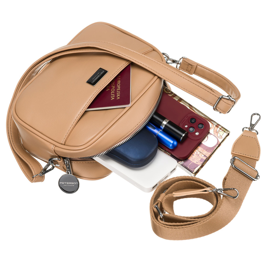 Miejska, beżowa listonoszka damska ze skóry ekologicznej w komplecie dwa paski na ramię crossbody Peterson