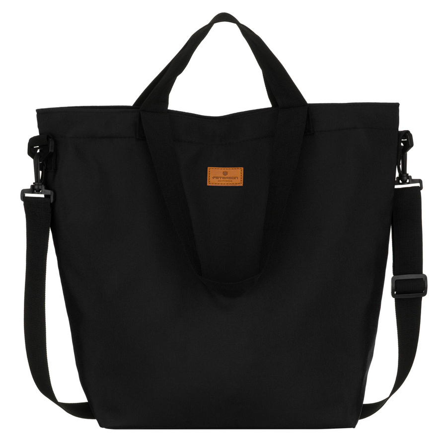 Czarna shopperka damska zamykana suwakiem z kieszonką zewnętrzną - Peterson