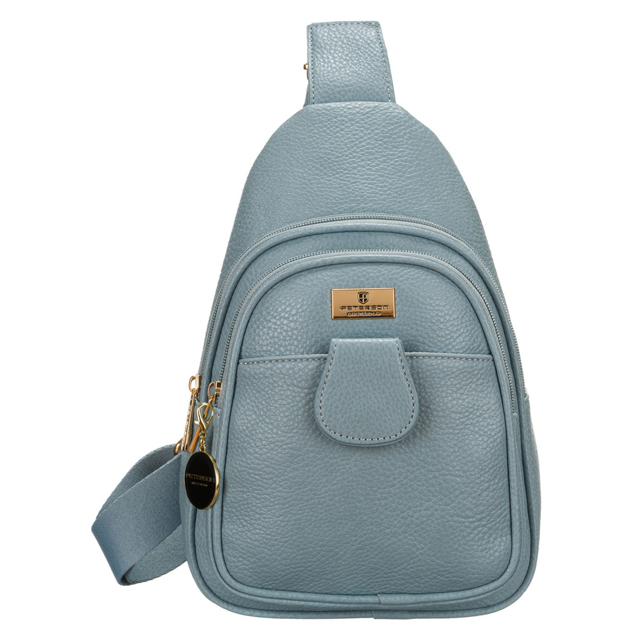 Niebieska stylowa mała saszetka damska z eko skóry zdobionej złotymi okuciami nerka crossbody Peterson