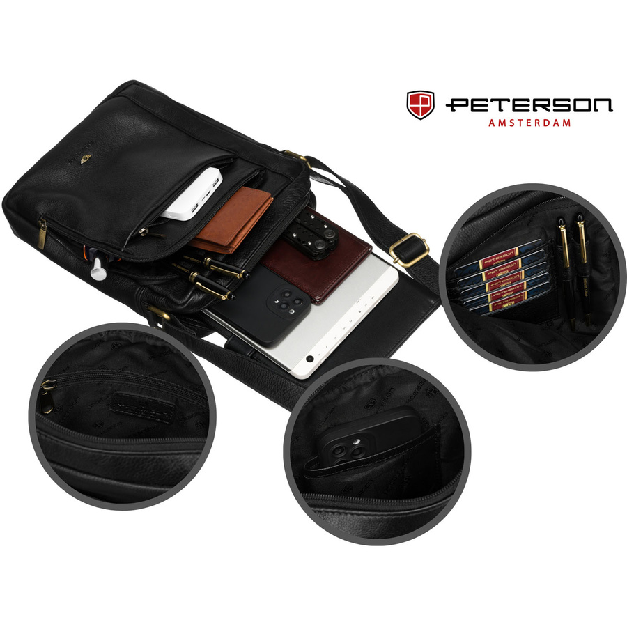 Czarna, skórzana listonoszka męska zamykana solidnymi suwakami - Peterson