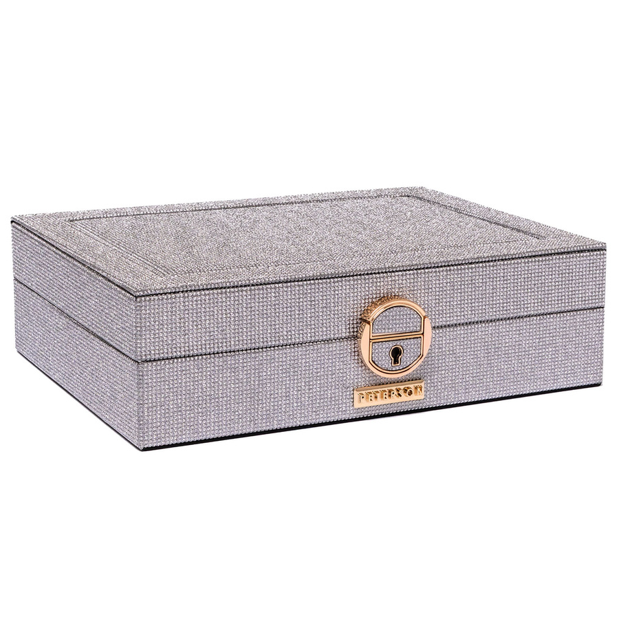 Srebrna szkatułka na biżuterię z dedykowanym miejscem na zegarek, zamykana kluczykiem i zatrzaskiem - Peterson