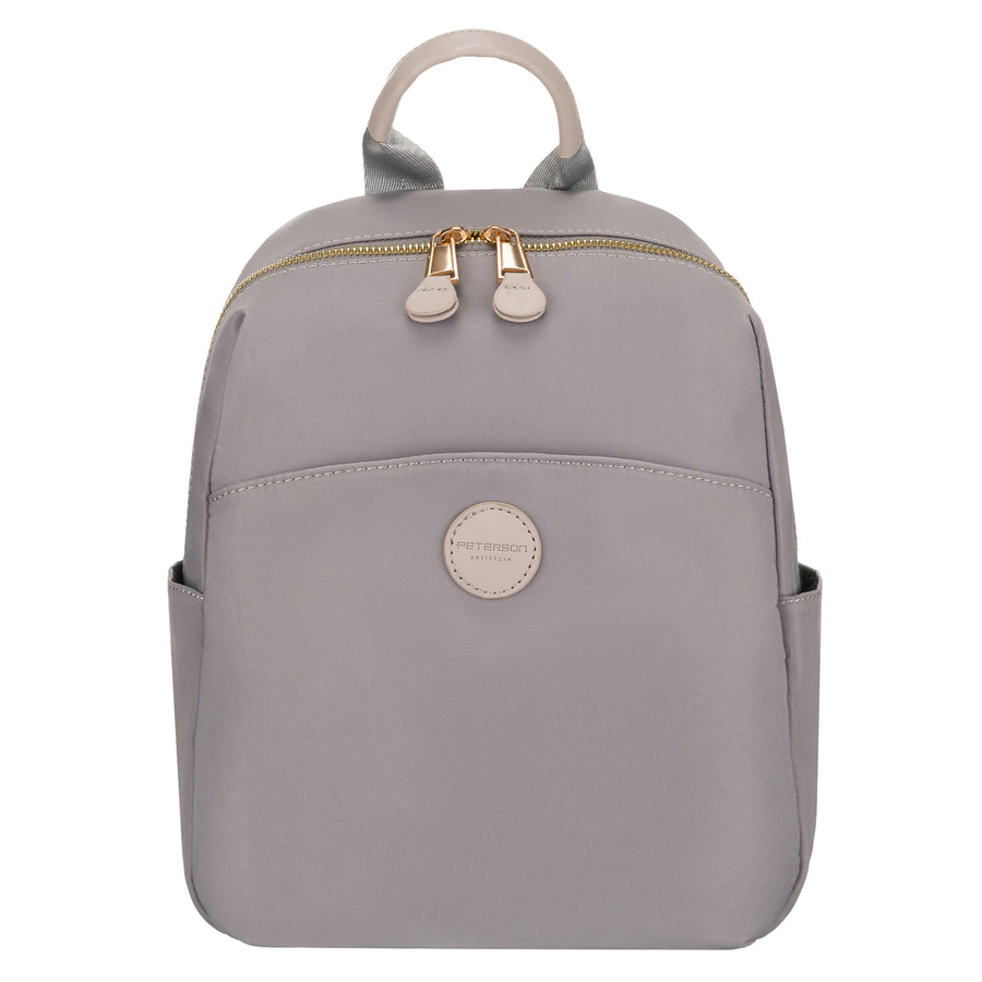 Szary plecak damski z nylonu i skóry ekologicznej z kieszonką zewnętrzną - Peterson