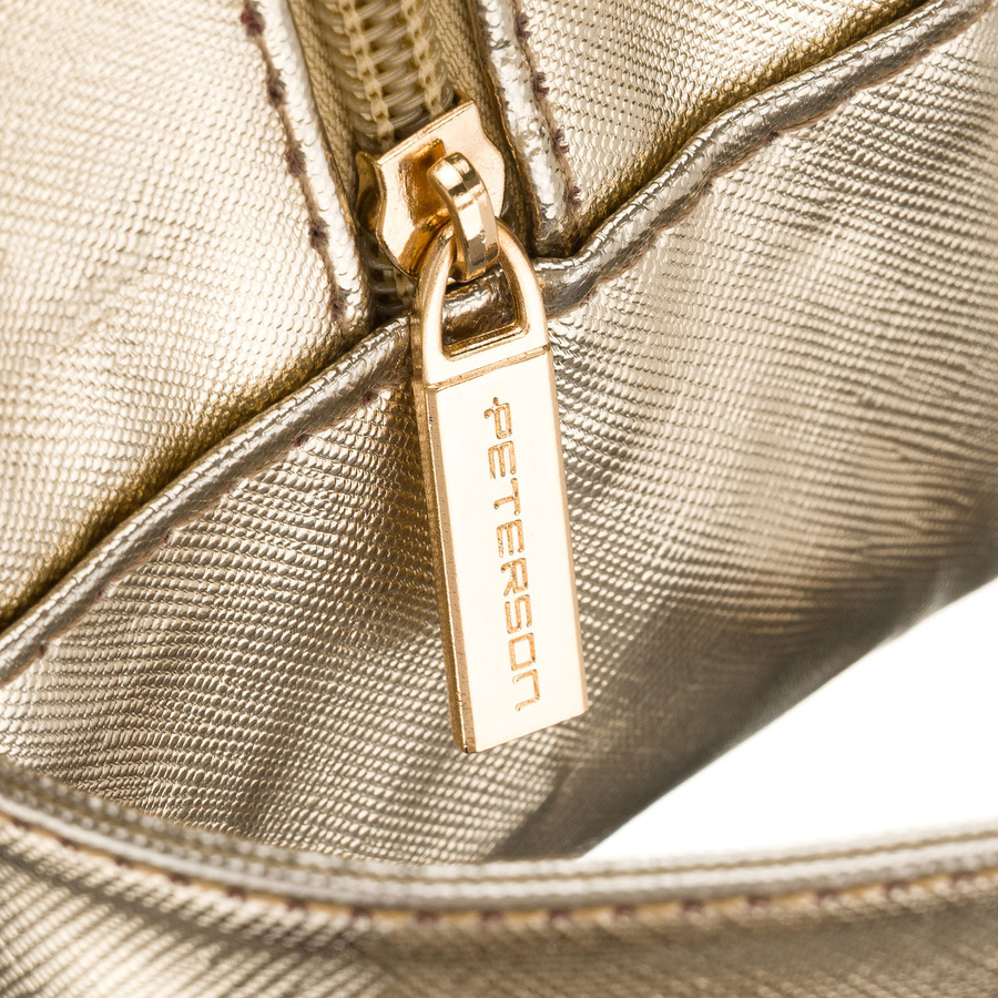 Złota kosmetyczka z tkaniny syntetycznej wyposażona w wygodny uchwyt i przezroczysty panel - Peterson