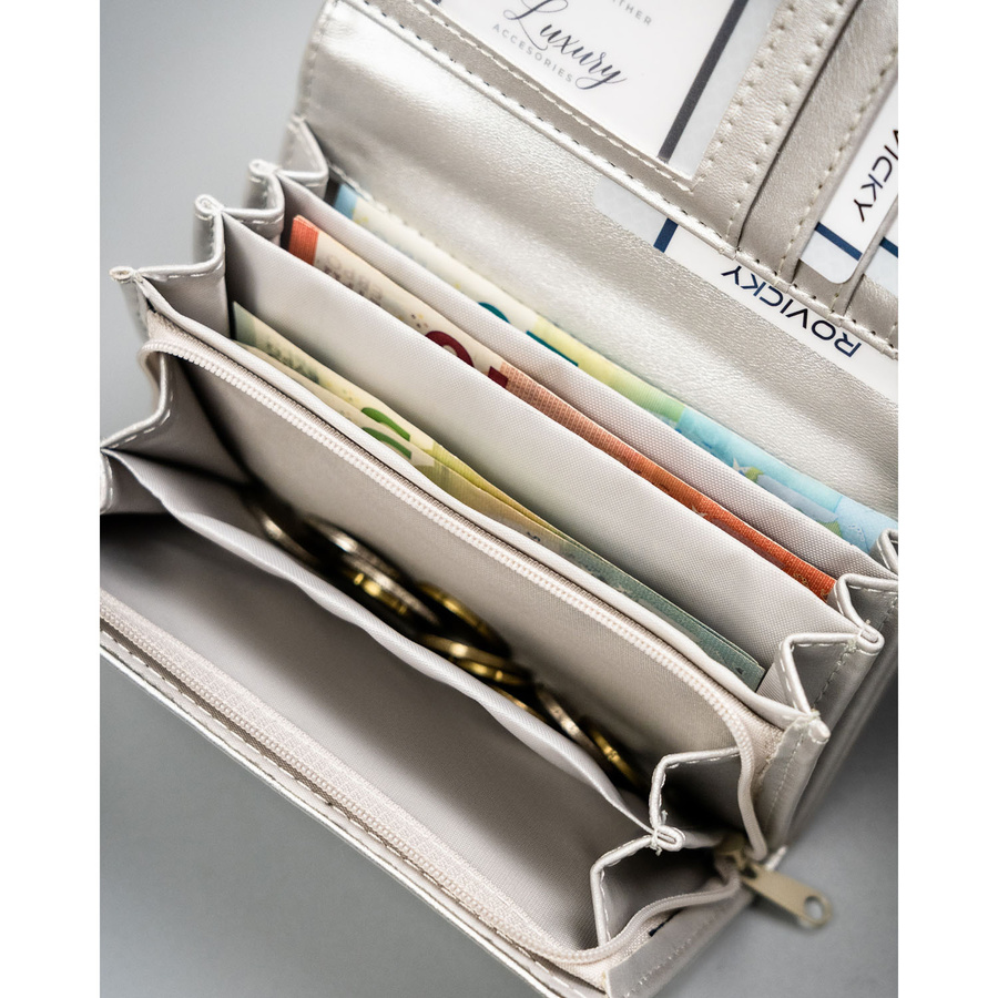 Duży, srebrny portfel damski ze skóry ekologicznej z kieszonką zewnętrzną - 4U Cavaldi
