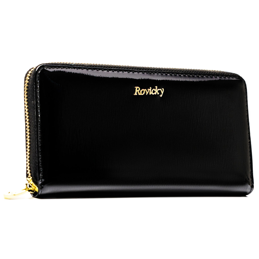 Czarny portfel-piórnik damski z lakierowanej skóry naturalnej wyposażony w system RFID - Rovicky