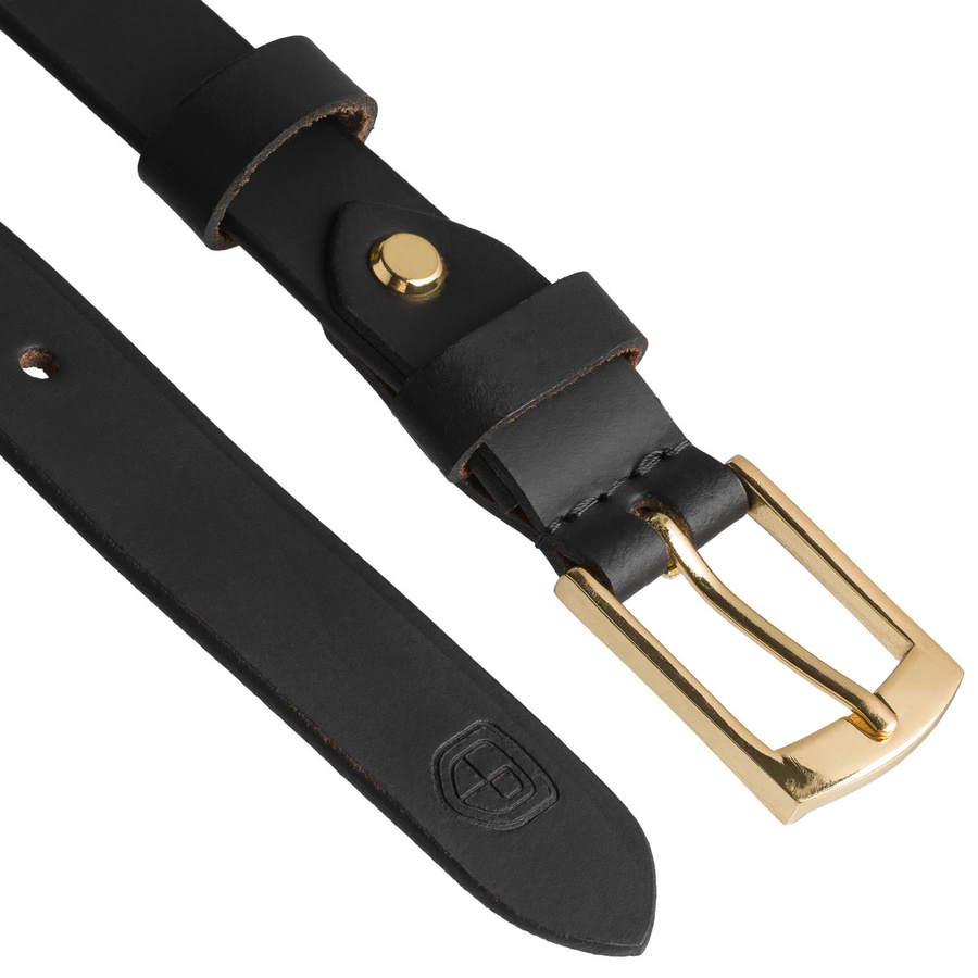 Skórzany pasek damski w czarnym kolorze ze złotą, klasyczną klamrą - Peterson