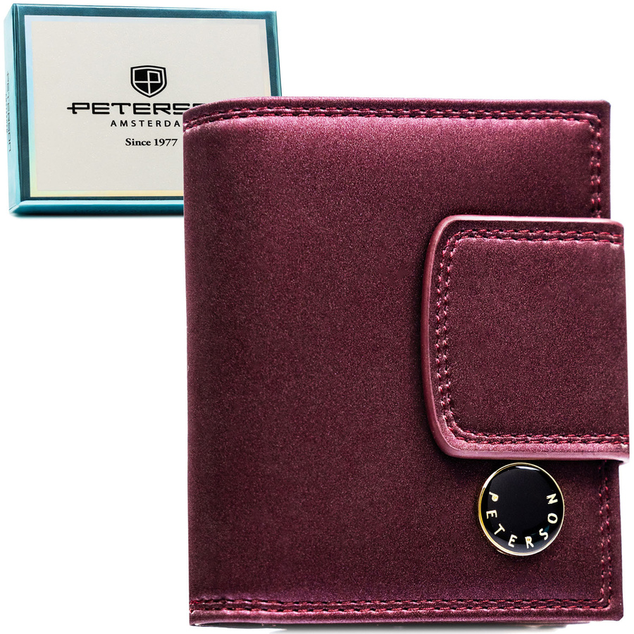 Portfel damski ze skóry naturalnej i ekologicznej w fioletowym kolorze, zamykany zatrzaskiem i biglem - Peterson
