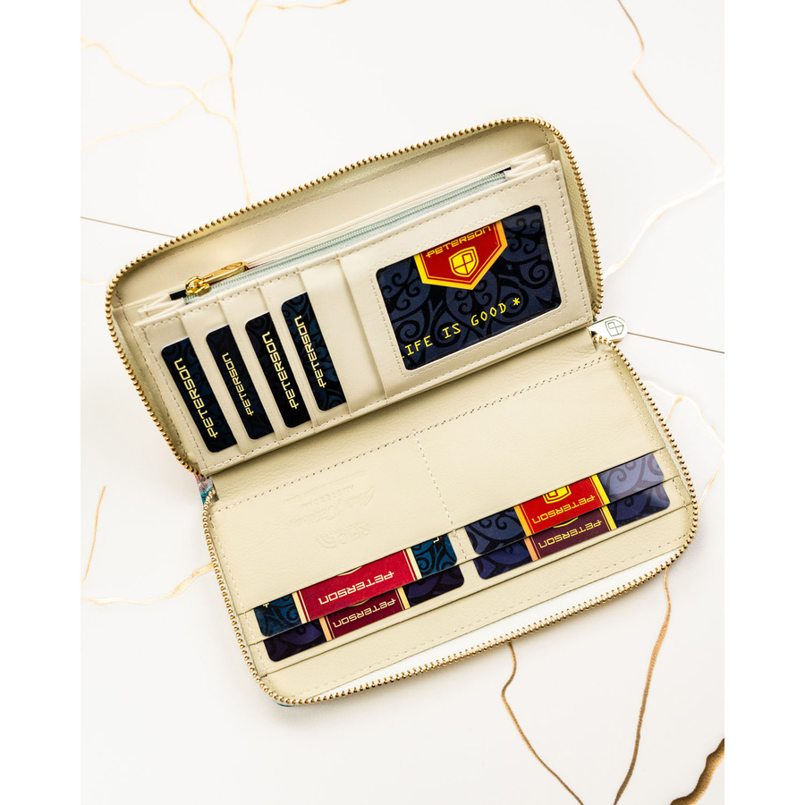 Portfel-piórnik damski w kwiaty wykonany ze skóry naturalnej i ekologicznej zamykany suwakiem - Peterson