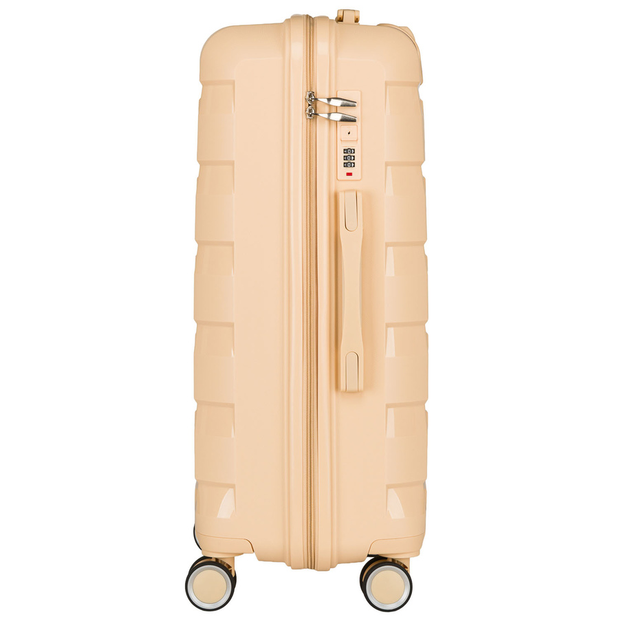 Beżowa walizka z polipropylenu z wysuwaną, teleskopową rączką i zamkiem szyfrowanym - Peterson