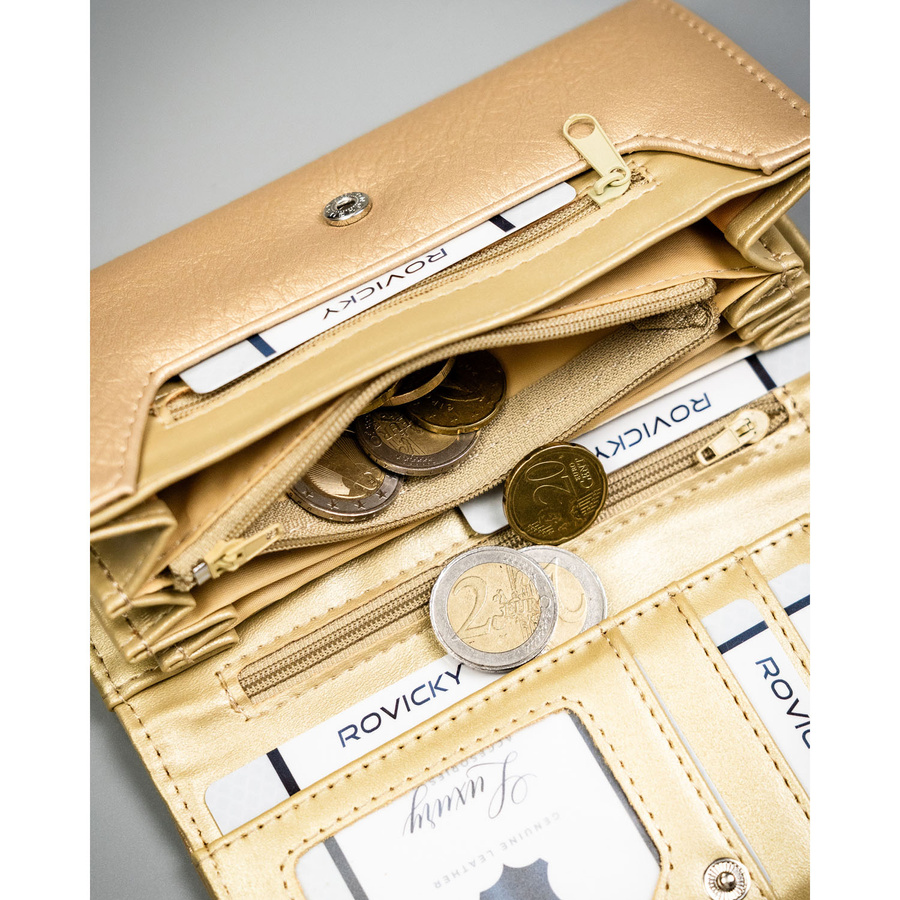 Duży portfel damski ze skóry ekologicznej w złotym kolorze, zamykany zatrzaskiem - 4U Cavaldi