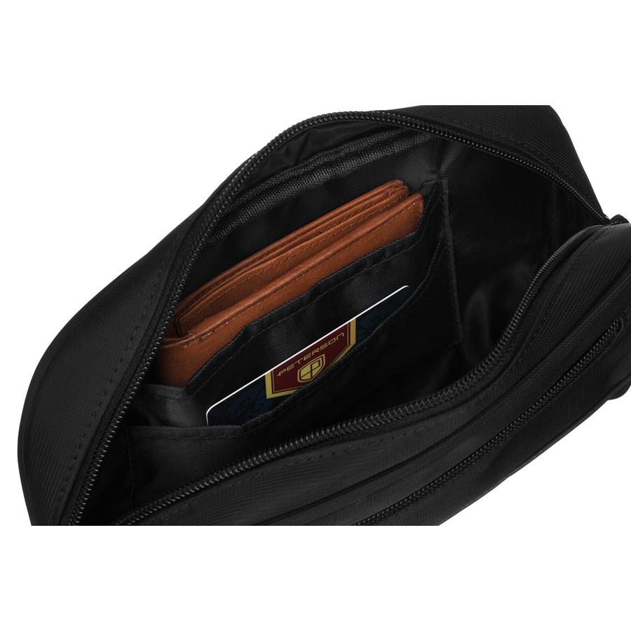 Saszetka męska do ręki wykonana z poliestru i skóry ekologicznej w czarnym kolorze - Peterson