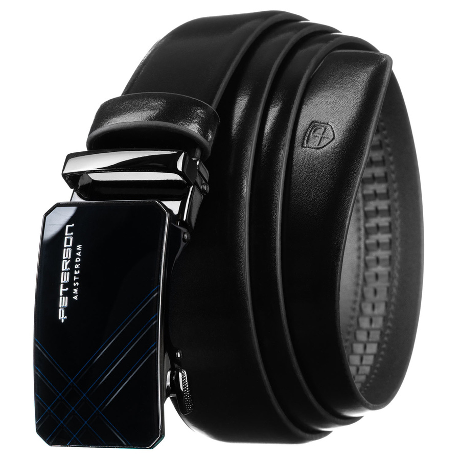 Czarny pasek męski ze skóry naturalnej z automatyczną klamrą - Peterson