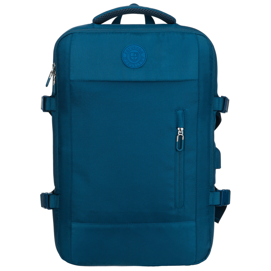 Plecak podróżny w niebieskim kolorze, idealny na bagaż podręczny i wyposażony paski kompresyjne - Peterson