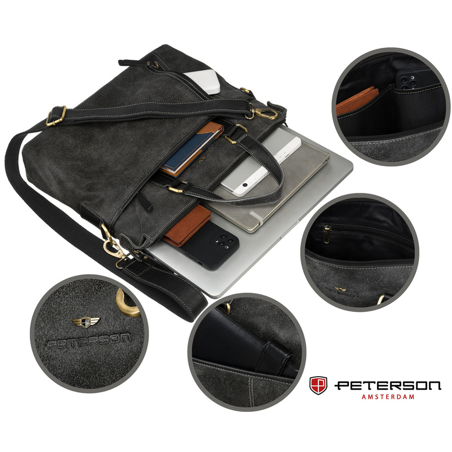 Czarna, skórzana torba męska na dokumenty z miejscem na laptopa - Peterson