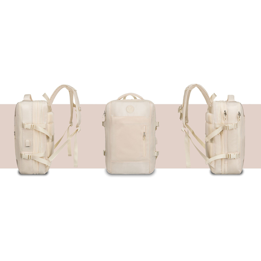 Praktyczny plecak podróżny w kolorze ecru, wyposażony w siatkowaną przegrodę i paski kompresyjne - Peterson