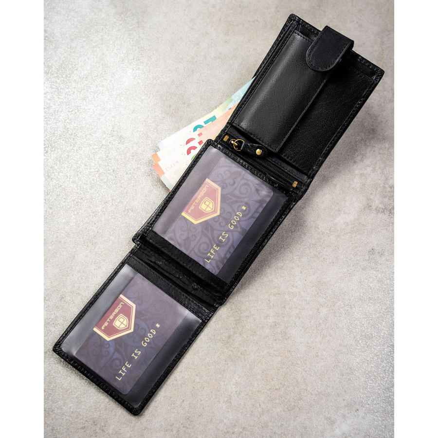 Poziomy portfel męski ze skóry naturalnej w czarnym kolorze wyposażony w system RFID - Peterson